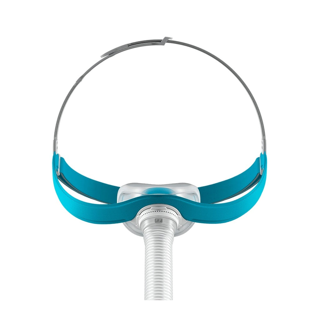Front view of the Fisher & Paykel Evora Nasal, its compact seal below teal CapFit headgear