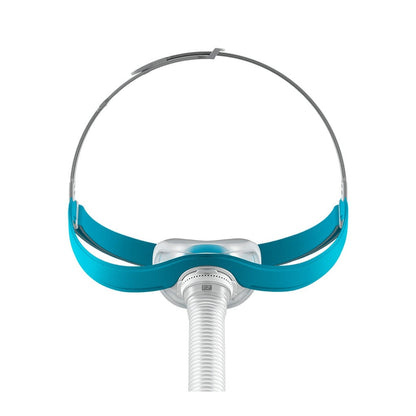 Front view of the Fisher & Paykel Evora Nasal, its compact seal below teal CapFit headgear