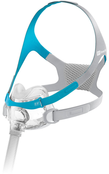 The Evora Full mask at an angle, showing its teal VentiCool headgear, the compact seal and the tube trailing below