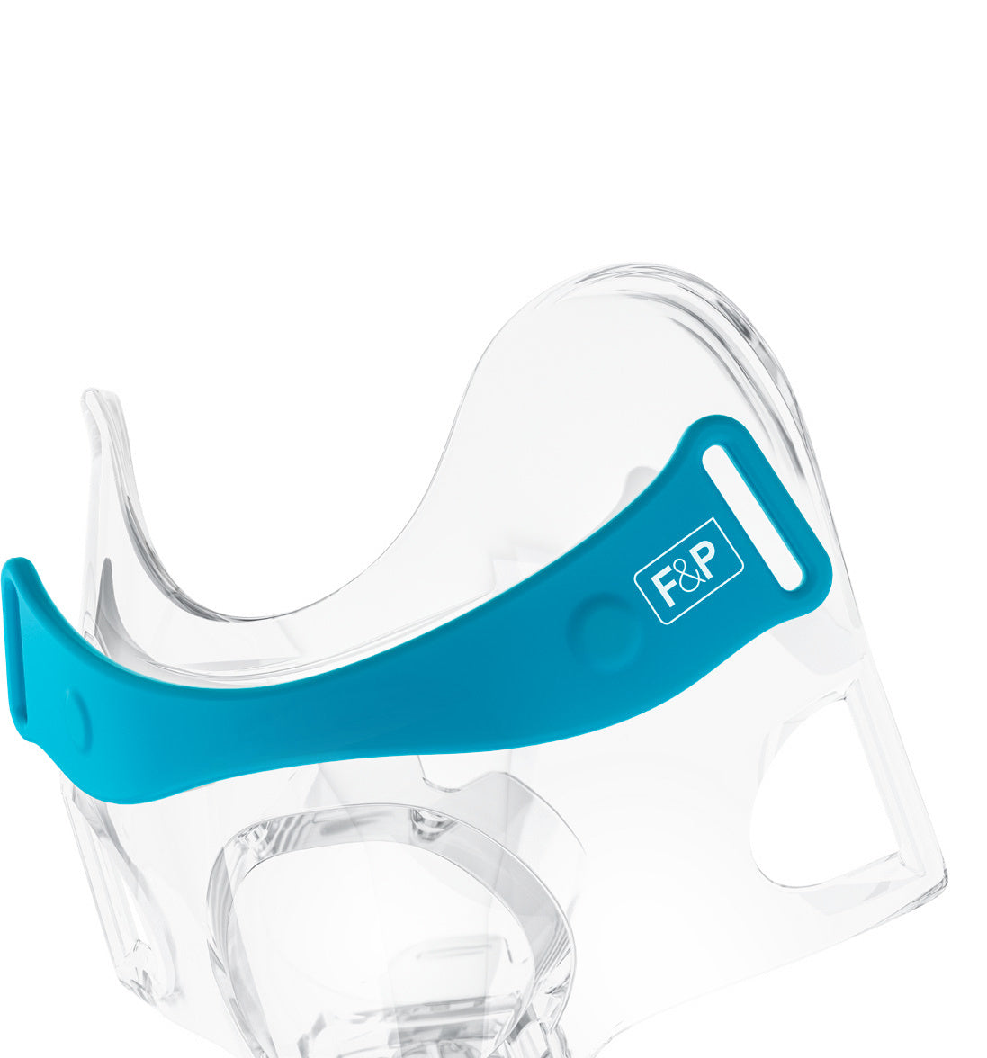 The clear Evora Full frame with the teal frame clip fixed across it, the F&P logo on the clip