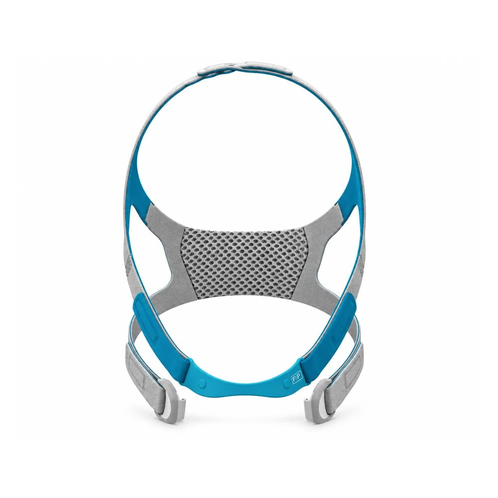 Front view of the Fisher & Paykel Evora Full headgear alone, with blue upper straps, frame clip and headgear clips