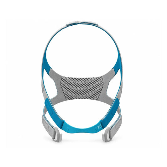 Front view of the Fisher & Paykel Evora Full headgear alone, with blue upper straps, frame clip and headgear clips