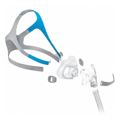 Exploded view of the Evora Full mask, with the headgear separated from the seal, frame, clips and tube