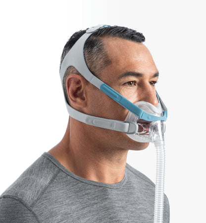 Man wearing the Evora Full headgear in a three-quarter view, showing how the straps wrap behind the head