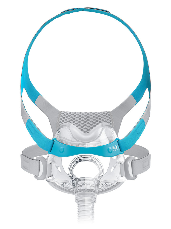 Front view of the Fisher & Paykel Evora Full mask on white, with teal VentiCool headgear and the tube below