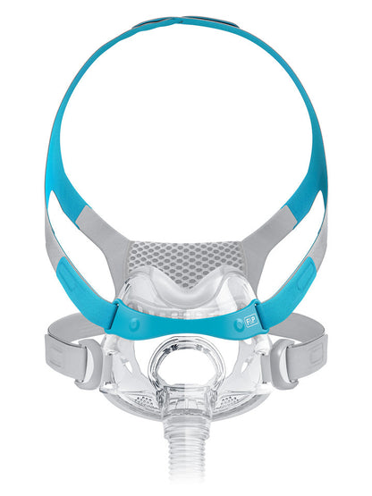 Front view of the Fisher & Paykel Evora Full mask on white, with teal VentiCool headgear and the tube below