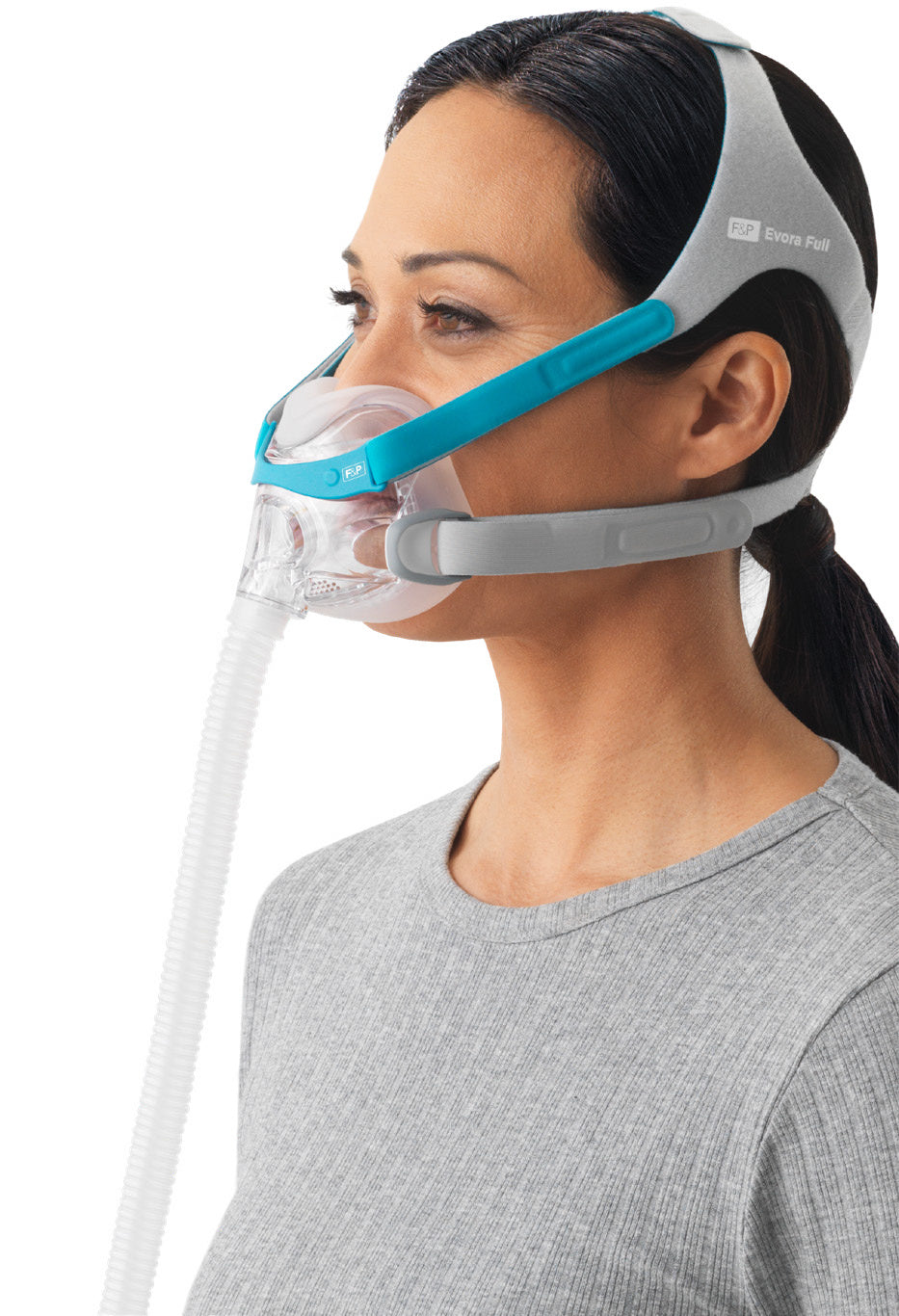 Profile of a woman wearing the Evora Full mask, its seal tucked under her nose and around her mouth