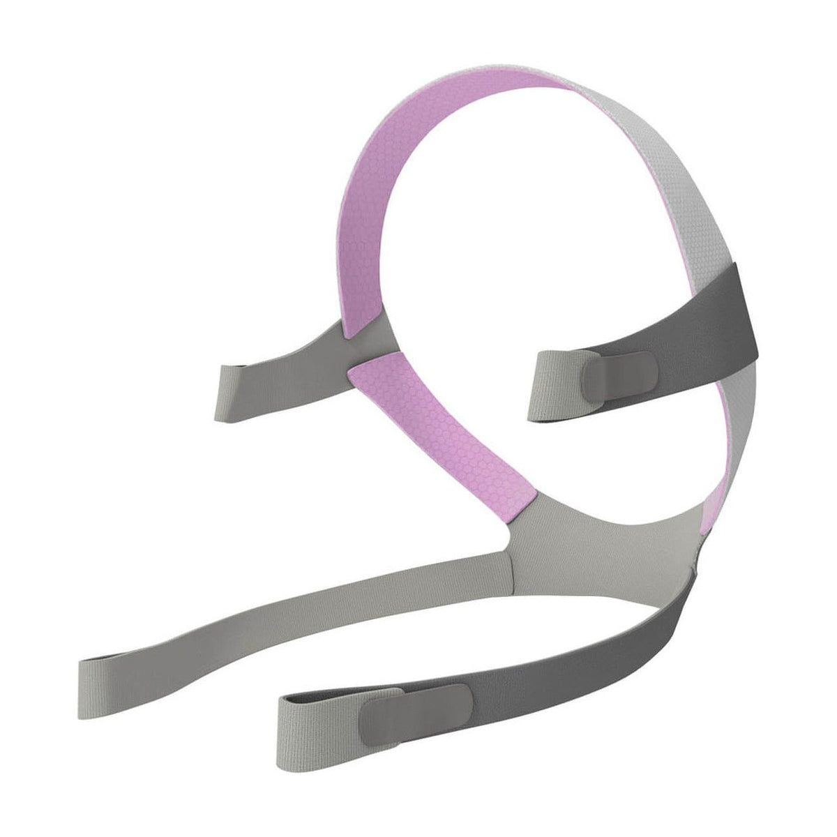 Angled view of the AirFit F10 For Her headgear, grey straps with a pink crown and four fastening tabs