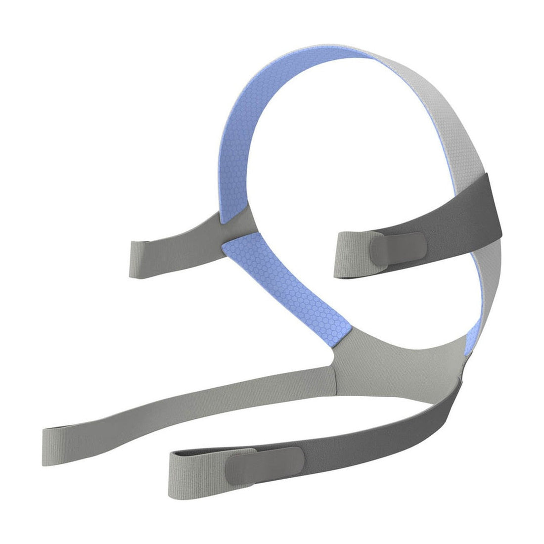 Angled view of the standard AirFit F10 headgear, grey straps with a blue crown and four fastening tabs