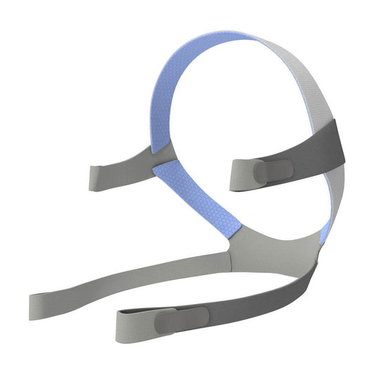 Angled view of the standard AirFit F10 headgear, grey straps with a blue crown and four fastening tabs