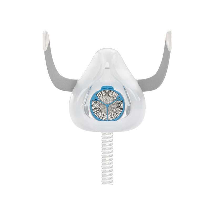Front view of an AirFit F20 cushion and frame with a HumidX F20 clicked into its air inlet