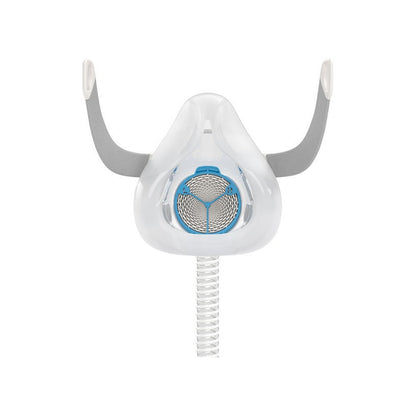 Front view of an AirFit F20 cushion and frame with a HumidX F20 clicked into its air inlet