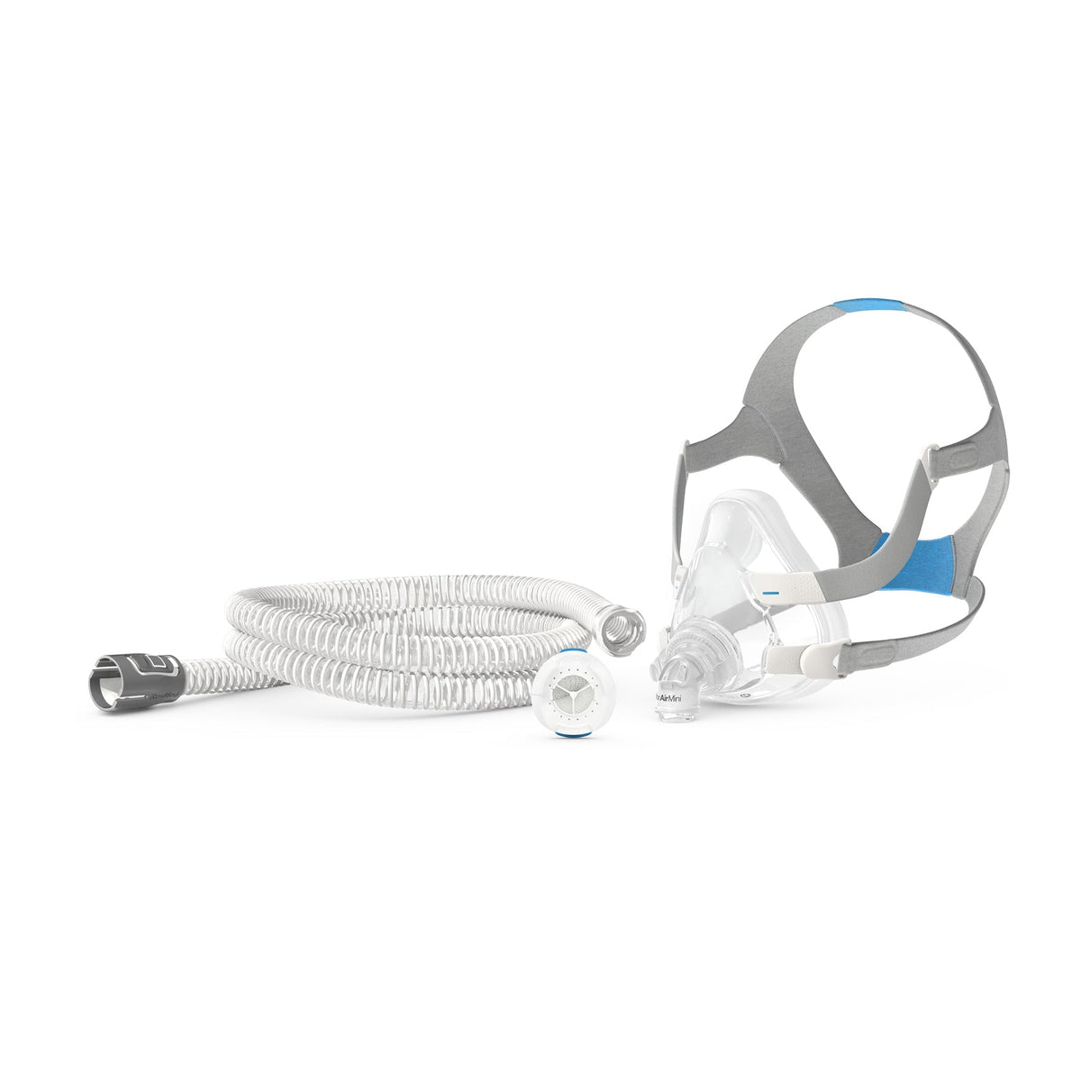 Angled view of the pack's connector on an AirFit F20 full face mask, sold separately, with the AirMini tube