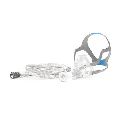 Angled view of the pack's connector on an AirFit F20 full face mask, sold separately, with the AirMini tube