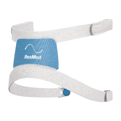 Angled view of the F30i headgear showing the upper fastening tabs and a blue magnetic clip on the lower strap