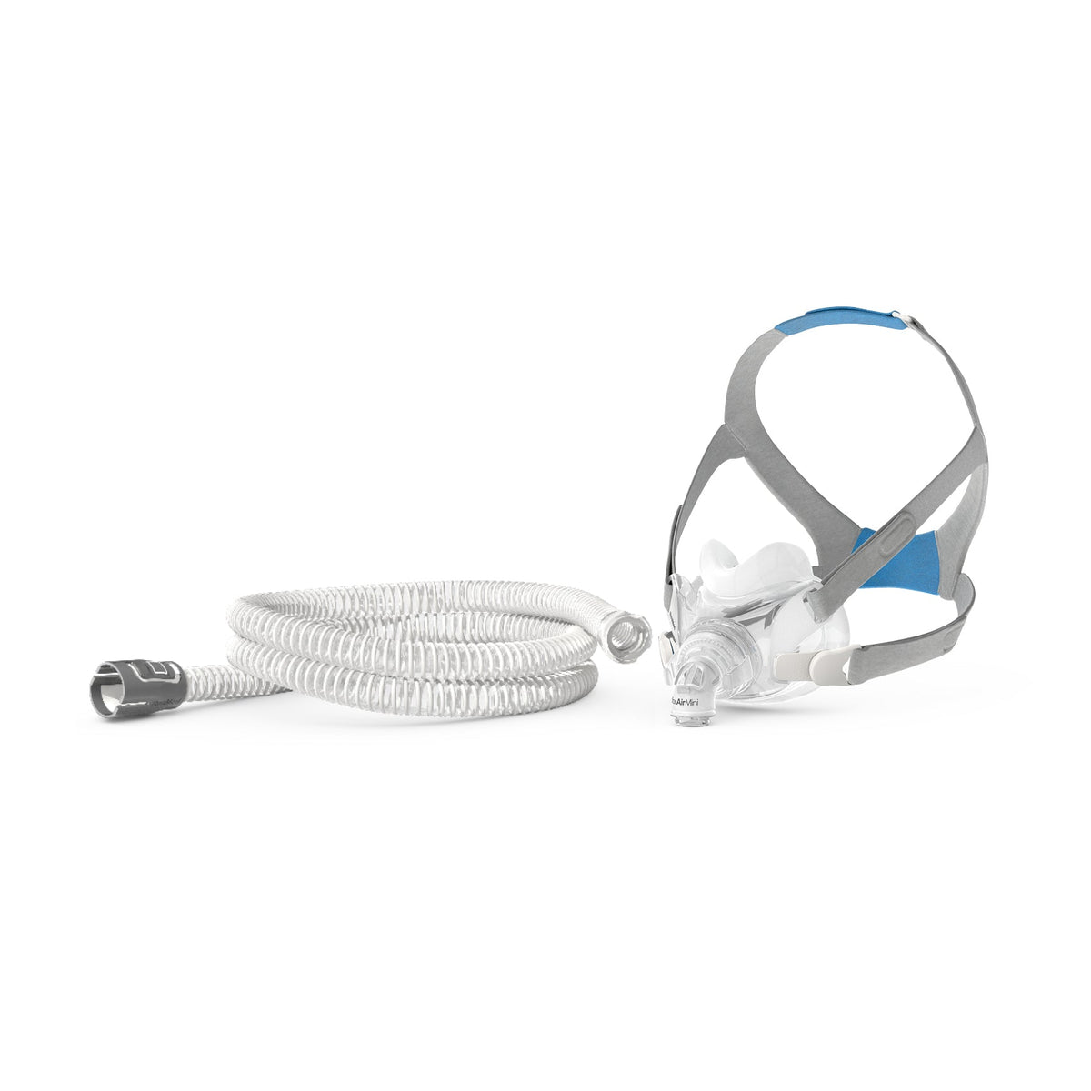 Side view of the full face connector fitted to an AirFit F30 mask, sold separately, with the coiled AirMini tube