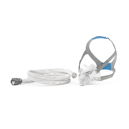 Side view of the full face connector fitted to an AirFit F30 mask, sold separately, with the coiled AirMini tube