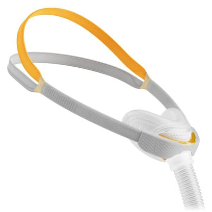 Full product view of the Fisher & Paykel Solo Nasal CPAP Mask and AutoFit headgear on a plain white background.