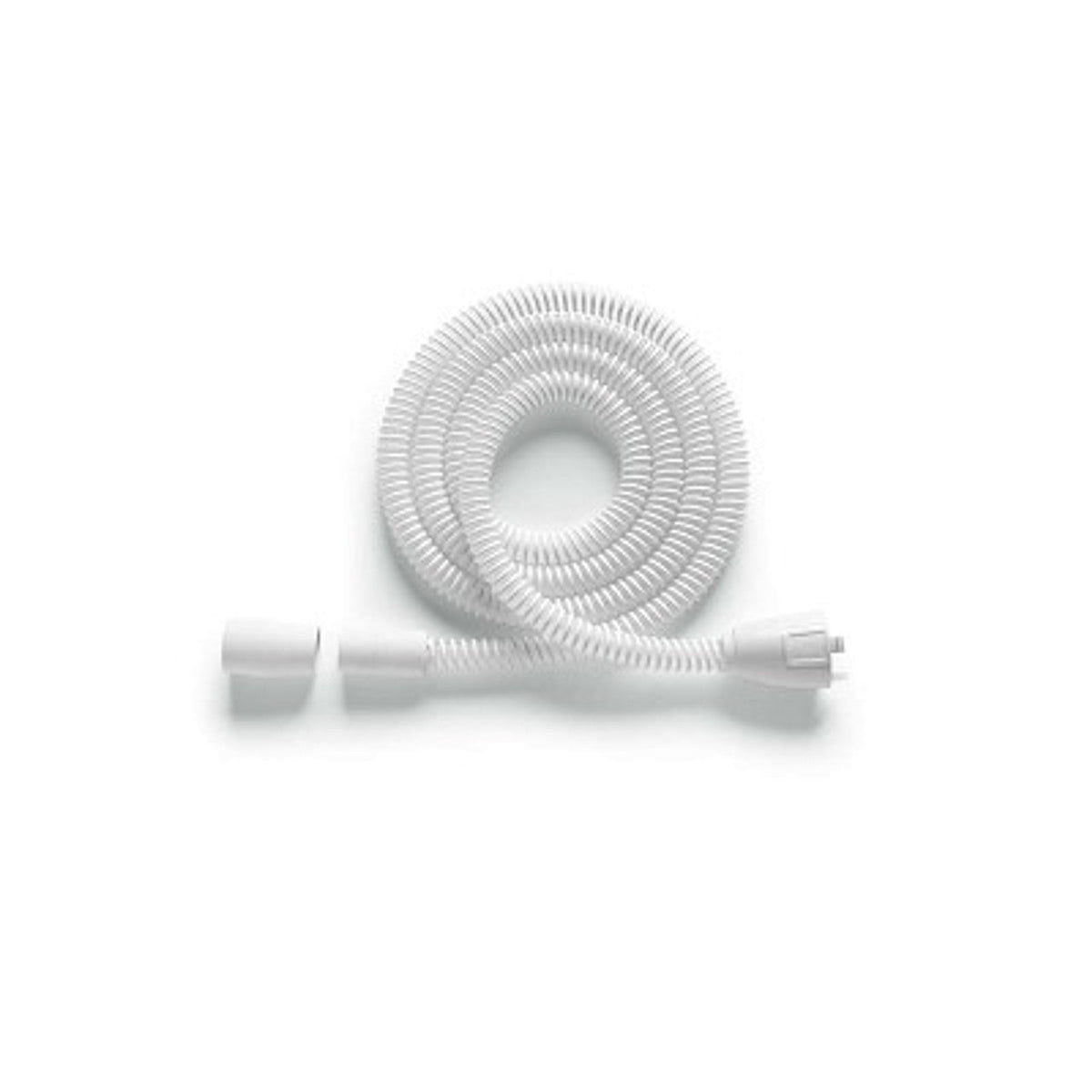 Front view of the Philips DreamStation 2 micro-flexible heated tube, coiled, with its pin connector and mask end