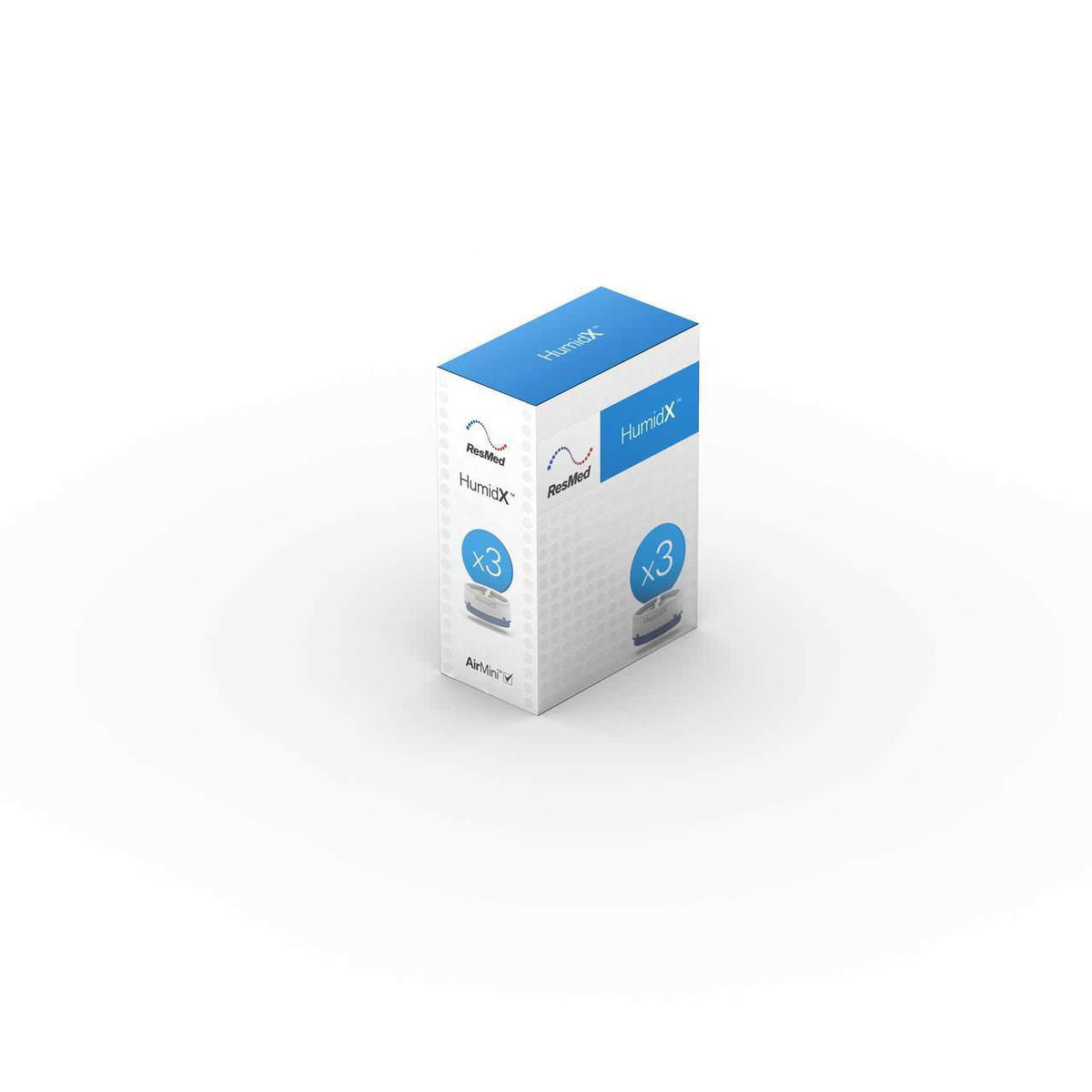 ResMed HumidX pack of 3 carton with its blue panel and the AirMini name on the side