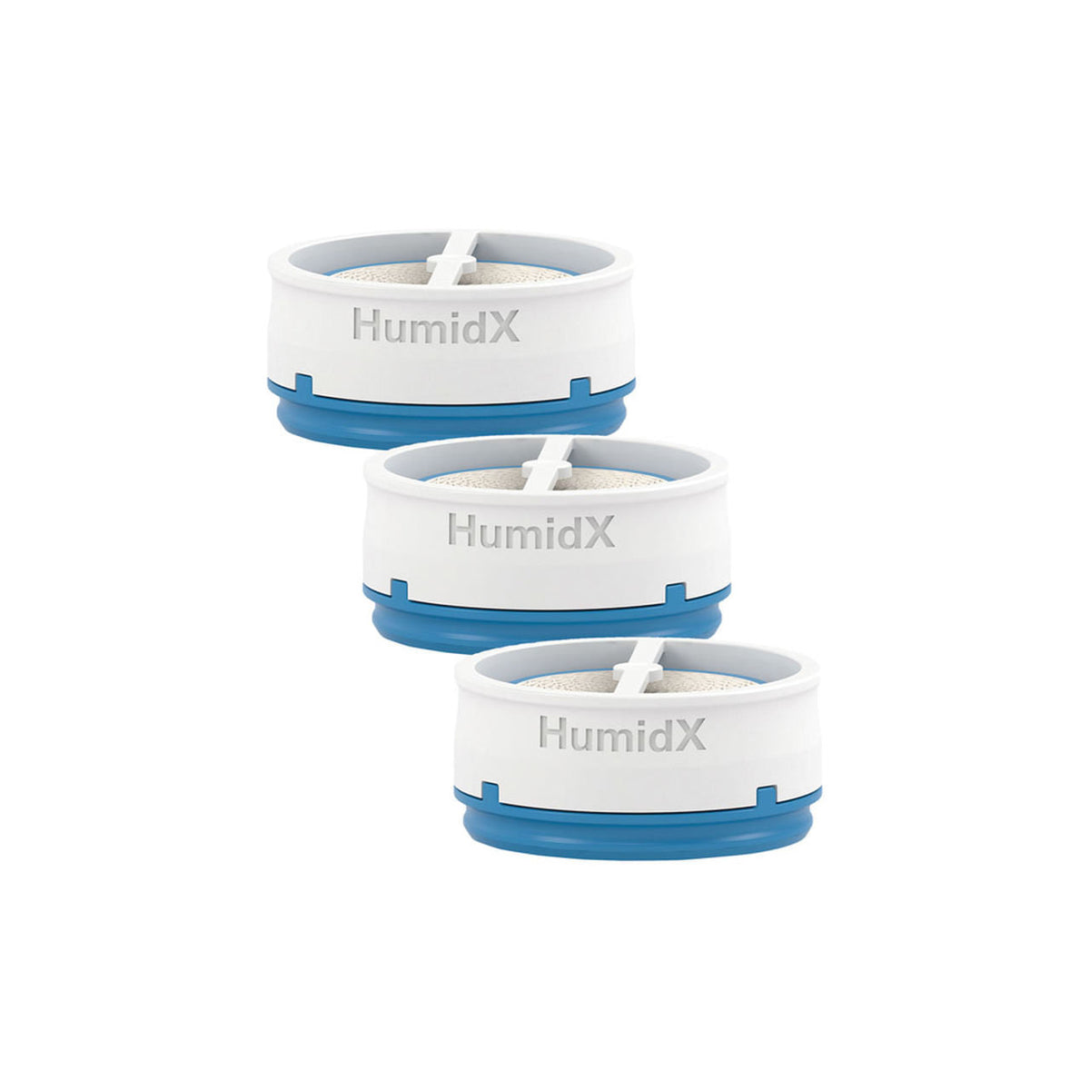 Three ResMed HumidX discs stacked, each with a blue base and the HumidX name moulded on the side