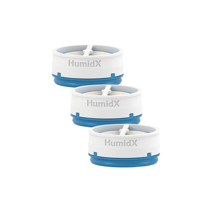 Three ResMed HumidX discs stacked, each with a blue base and the HumidX name moulded on the side