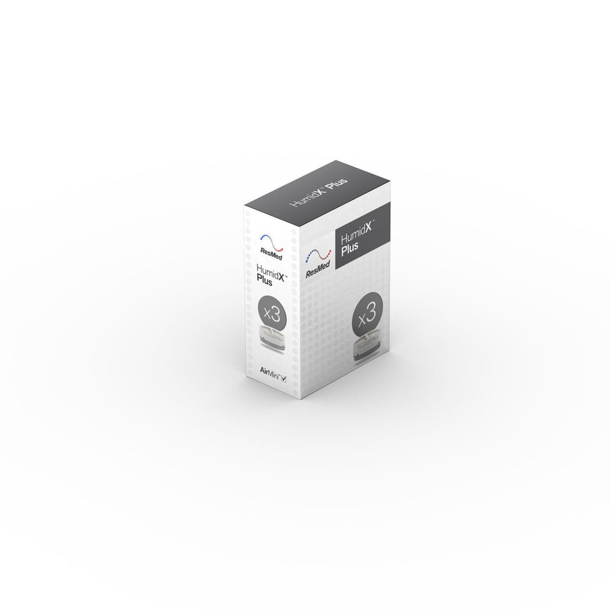ResMed HumidX Plus pack of 3 carton with its dark grey panel and the AirMini name
