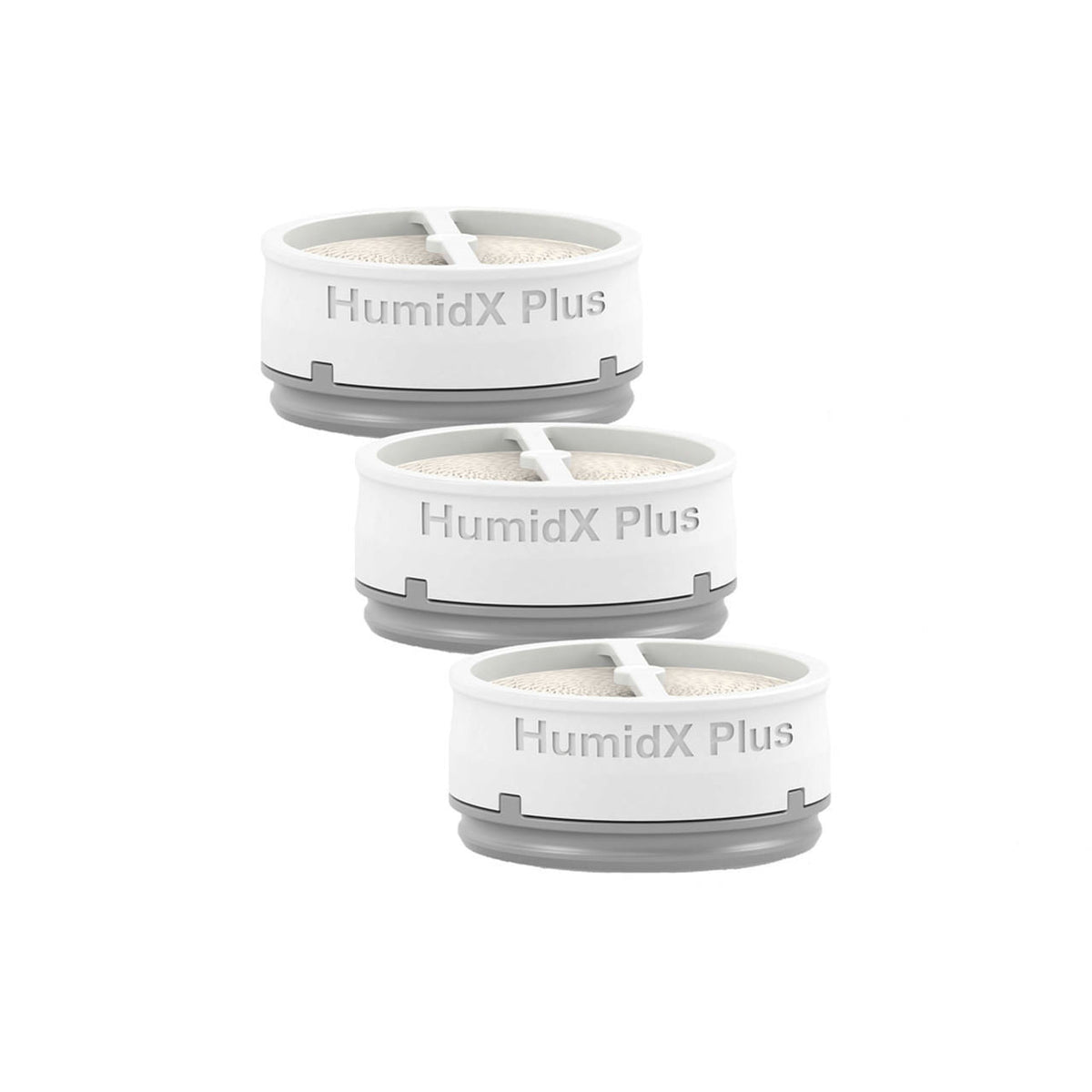 Three ResMed HumidX Plus discs stacked, each with a grey base and the HumidX Plus name on the side