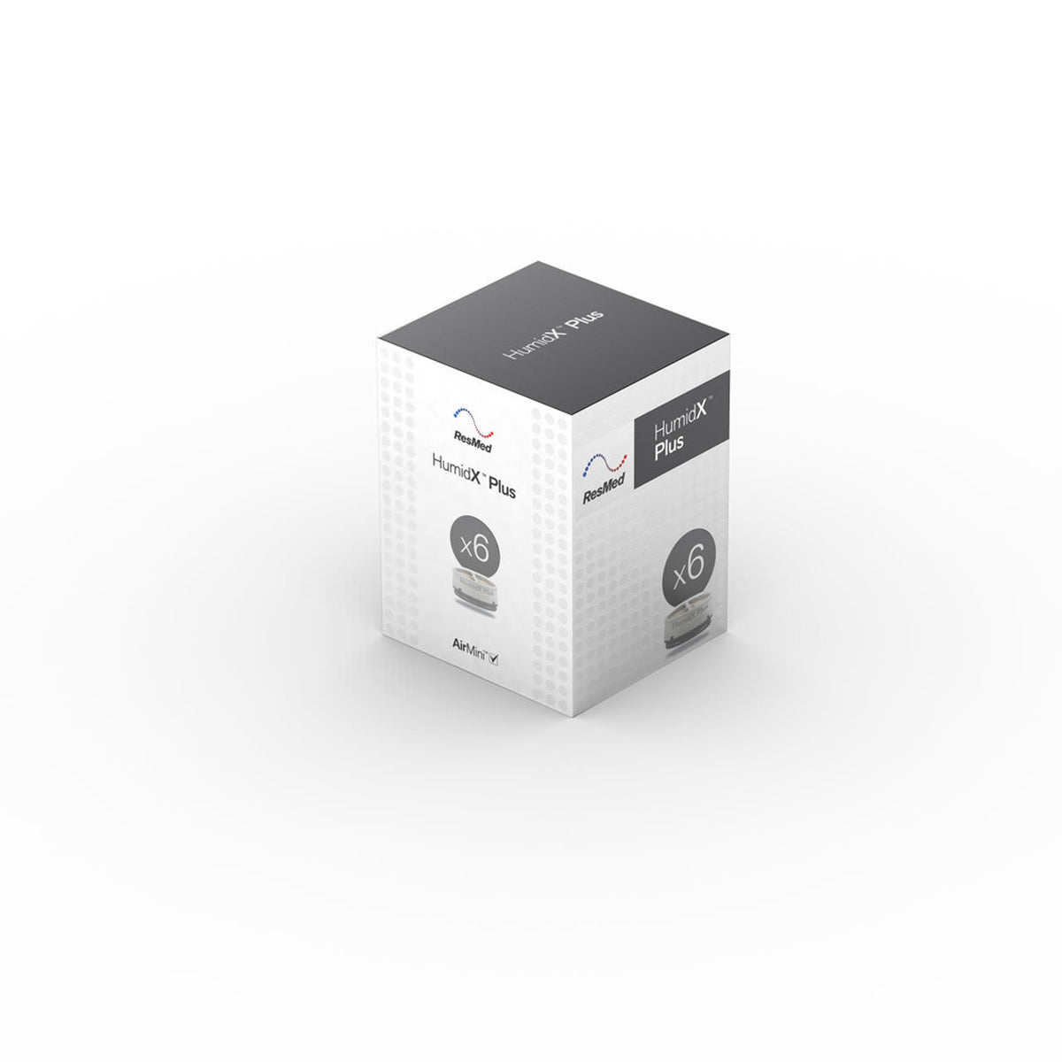 ResMed HumidX Plus pack of 6 carton with its dark grey panel, for very dry air and travel