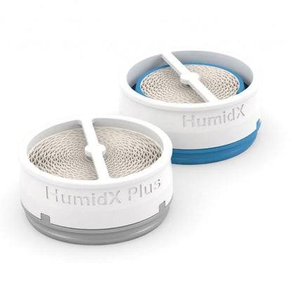 Angled view of a grey-based HumidX Plus in front of a blue HumidX, showing the paper core inside