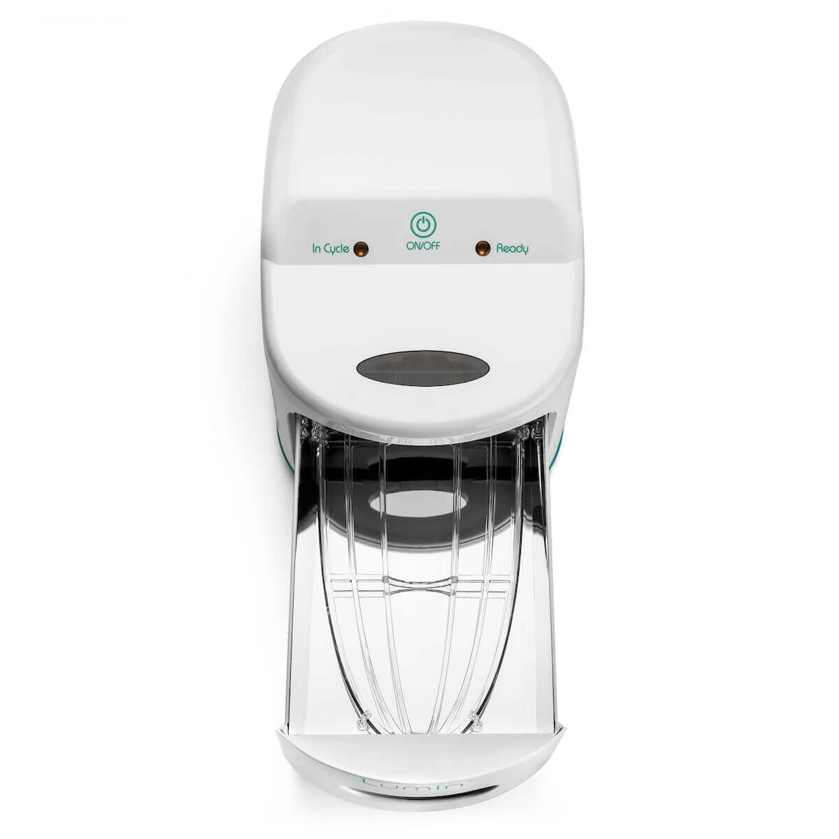 Front view of the Lumin UV-C sanitizer with its drawer pulled open, showing the clear rack and reflective lining