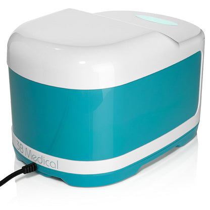 Rear view of the Lumin sanitizer showing its teal housing and the power cord connection at the back