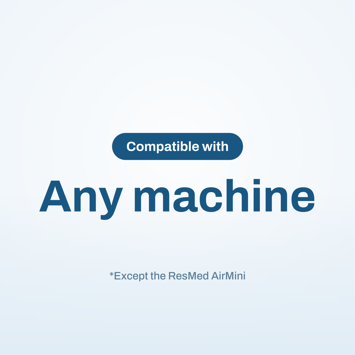 Compatibility infographic: this mask works with any CPAP or BiPAP machine except the ResMed AirMini