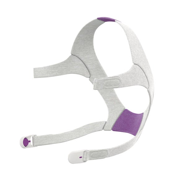 ResMed N20 For Her headgear in pale grey with lavender crown and back panels and two magnetic clips fitted