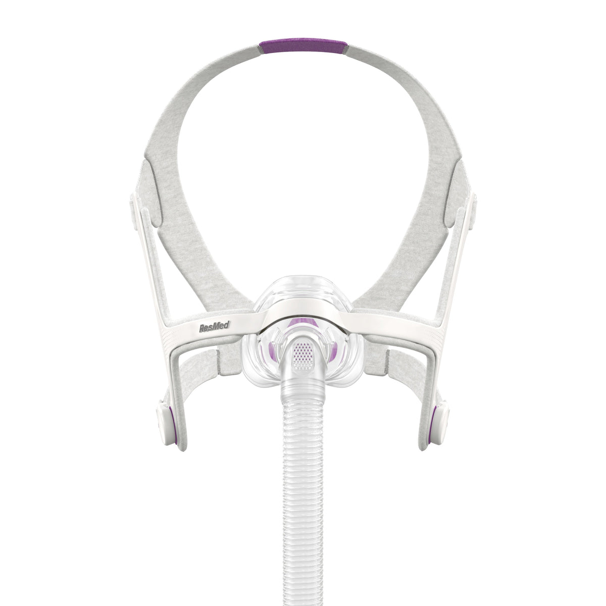 Front view of the N20 For Her nasal mask from ResMed, held in place by its lavender For Her headgear
