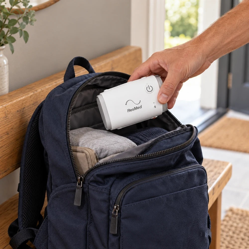 Photo of a hand packing a ResMed AirMini into a navy backpack, ready for a trip away from home