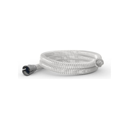Side view of the coiled ResMed AirMini tube, with its grey machine end on the left