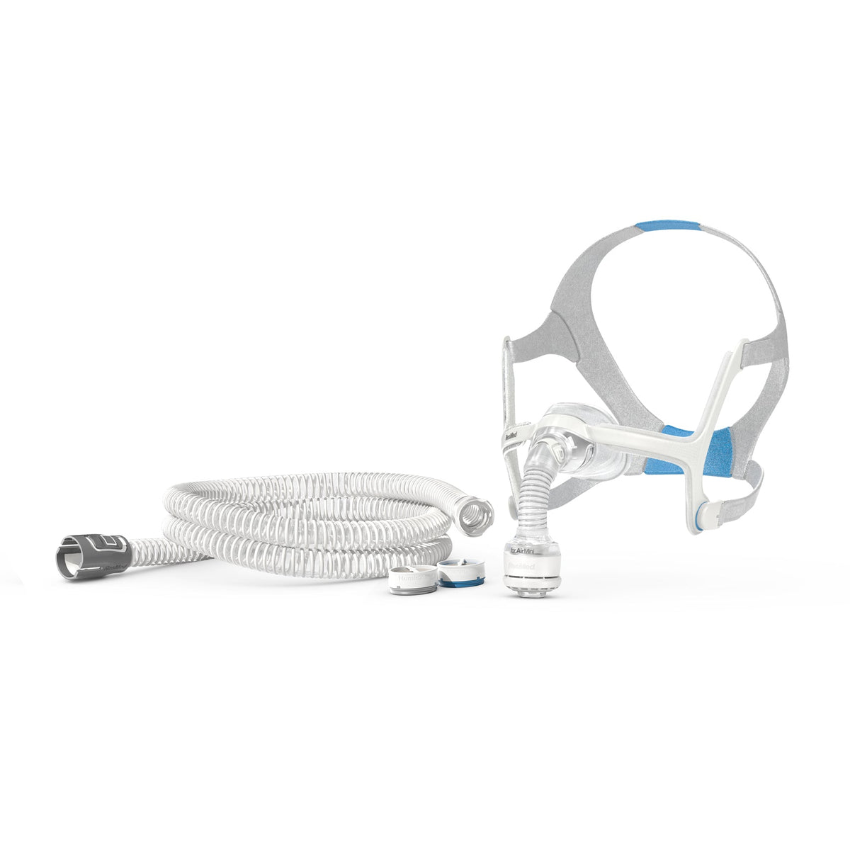 Angled view of the N20 setup pack connector fitted to an AirFit N20 mask, sold separately, with the AirMini tube