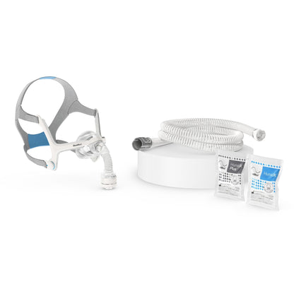Side view of the setup pack connector on an AirTouch N20 mask, sold separately, beside the coiled AirMini tube