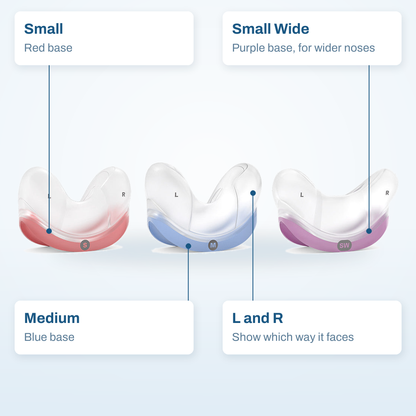AirFit N30 cushion callout diagram: Small with red base, Medium with blue base, Small Wide with purple base