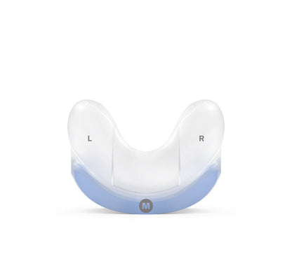 Front view of the ResMed AirFit N30 cradle cushion in Medium, blue base, with L and R markings