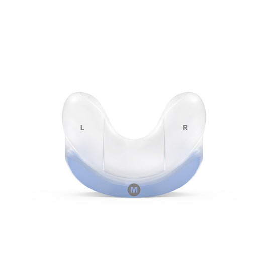 Front view of the ResMed AirFit N30 cradle cushion in Medium, blue base, with L and R markings