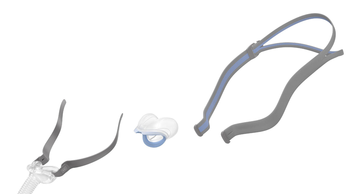 Exploded view of the AirFit N30 showing the cradle cushion between the frame and the split headgear