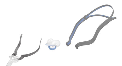 Exploded view of the AirFit N30 showing the cradle cushion between the frame and the split headgear