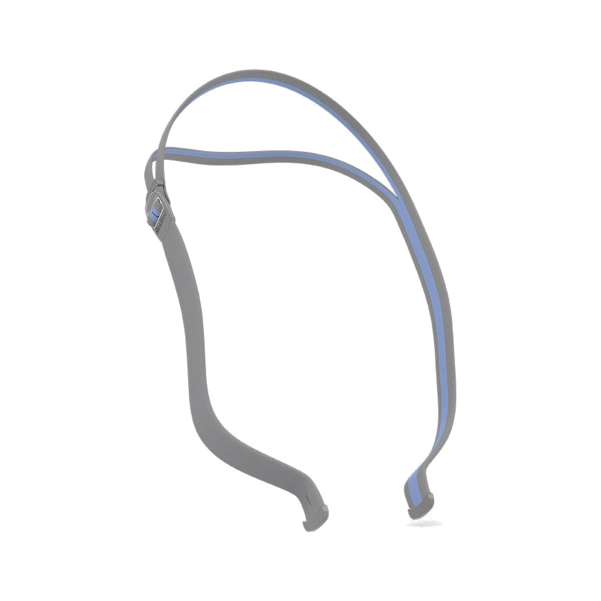 Angled view of the AirFit N30 split-band headgear on its own, grey fabric edged with a thin blue line