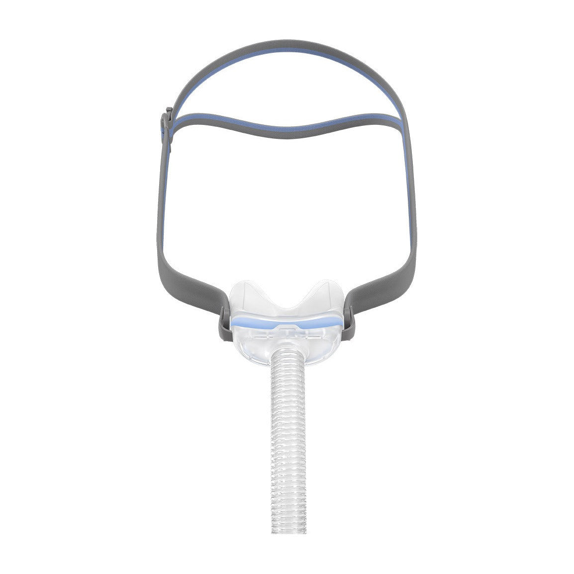 Front view of an AirFit N30 nasal cradle mask held by its grey split-band headgear on a white background