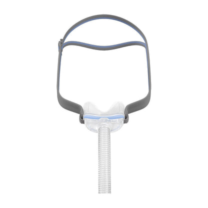 Front view of an AirFit N30 nasal cradle mask held by its grey split-band headgear on a white background