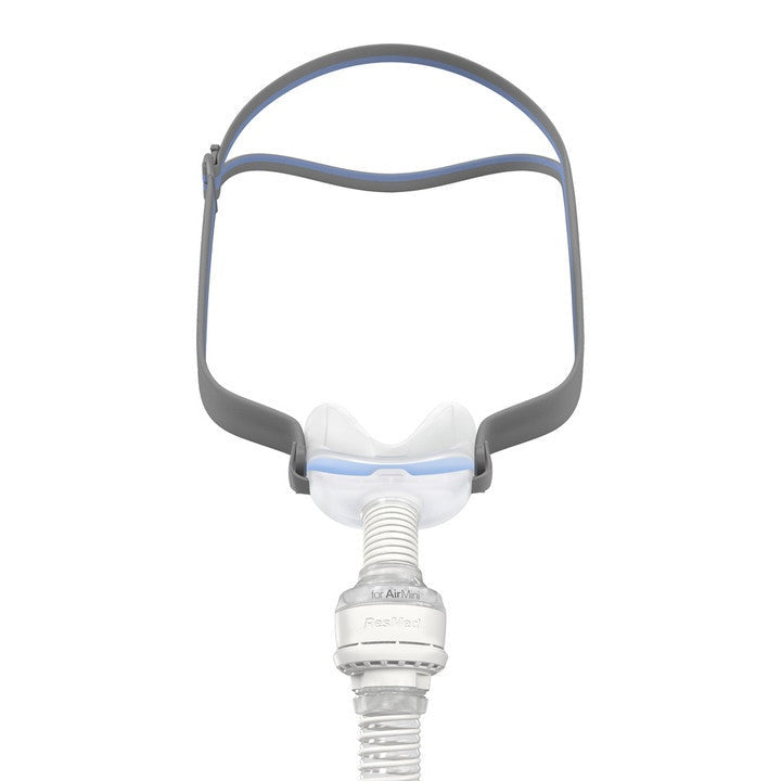 Front view of the ResMed AirFit N30 for AirMini mask, with its cradle cushion, headgear and vent module