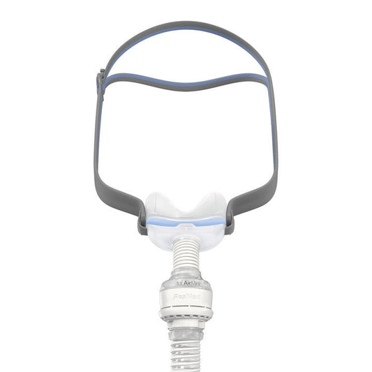 Front view of the ResMed AirFit N30 for AirMini mask, with its cradle cushion, headgear and vent module