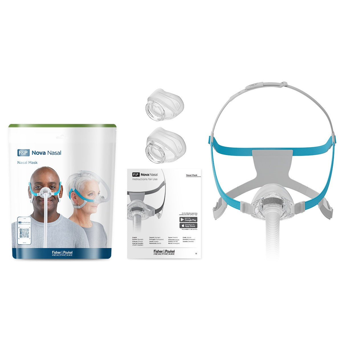 The Nova Nasal fit pack: the retail pouch, two spare cushions in other sizes, the mask and a guide